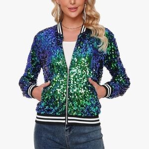 Vibrant Sequin Bomber Jacket - Green & Blue